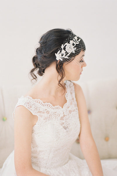 Reserved for Mel - Rose Gold accents - Copy of Birdcage Veil with Hand Beaded Lace #713V