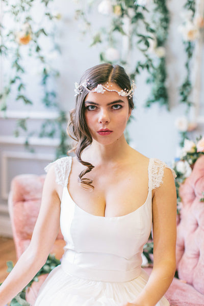 Crystal Headpiece with Silk Flowers and Pearls #204HB