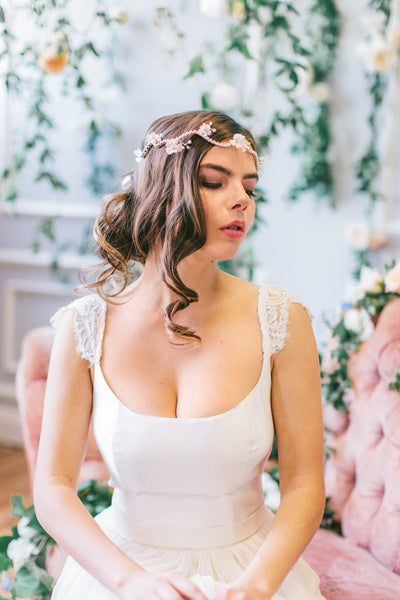 Crystal Headpiece with Silk Flowers and Pearls #204HB