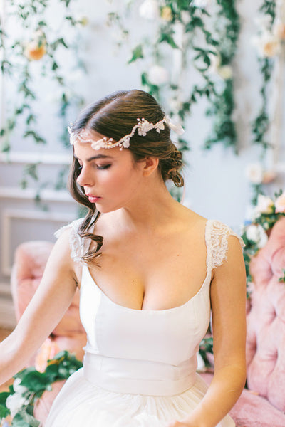 Crystal Headpiece with Silk Flowers and Pearls #204HB