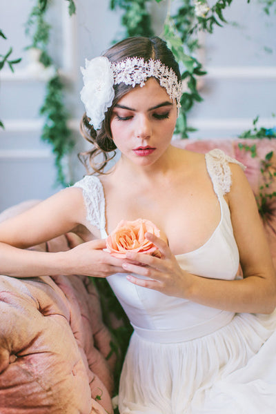 Handmade Silk Flower and Lace Headband #207HB