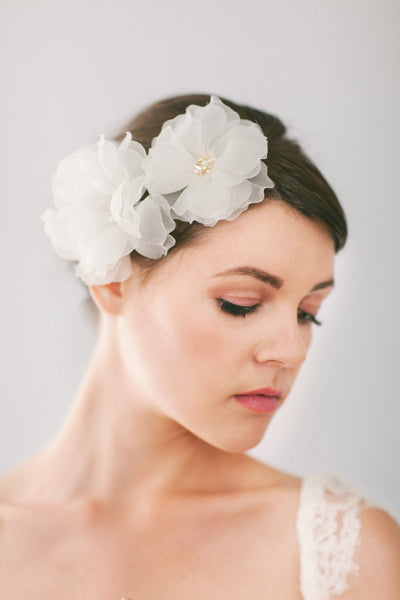 2 Silk Bridal Hair Flowers with Crystals and Pearls #103HC