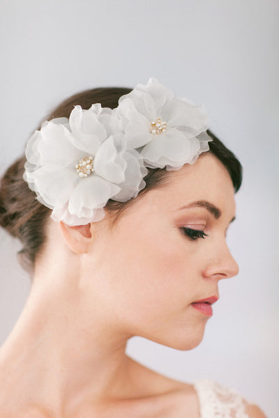 2 Silk Bridal Hair Flowers with Crystals and Pearls #103HC