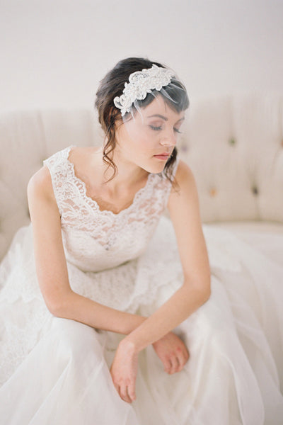 Short Beaded Lace Birdcage Veil #717V