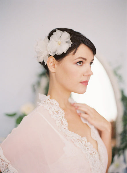 2 Silk Bridal Hair Flowers with Crystals and Pearls #103HC