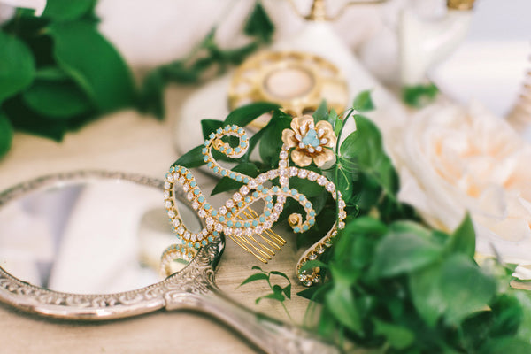 Turquoise Crystal and Flower Hair Comb #108HC