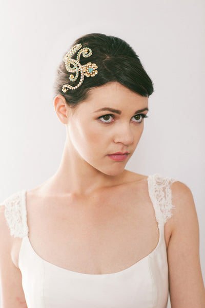 Turquoise Crystal and Flower Hair Comb #108HC