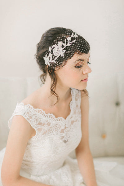 Birdcage Veil with Hand Beaded Lace #713V-W