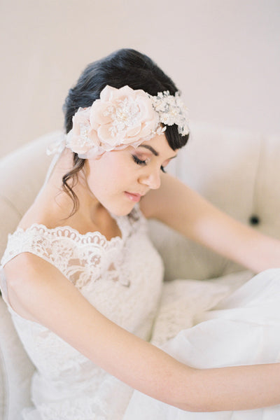 Blush Silk Flowers and Lace Bridal Headpiece #206HB-W