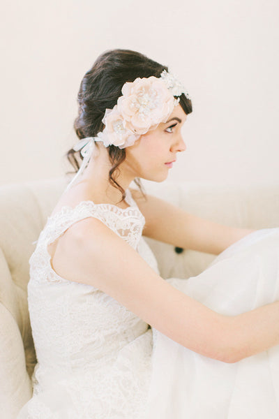 Blush Silk Flowers and Lace Bridal Headpiece #206HB