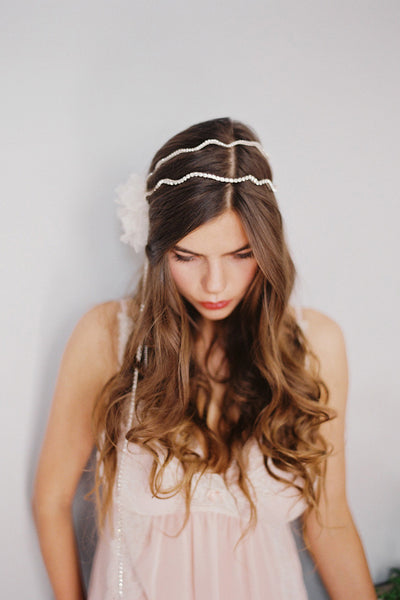 Double Band Silk Flower Headpiece with Chains #300HP